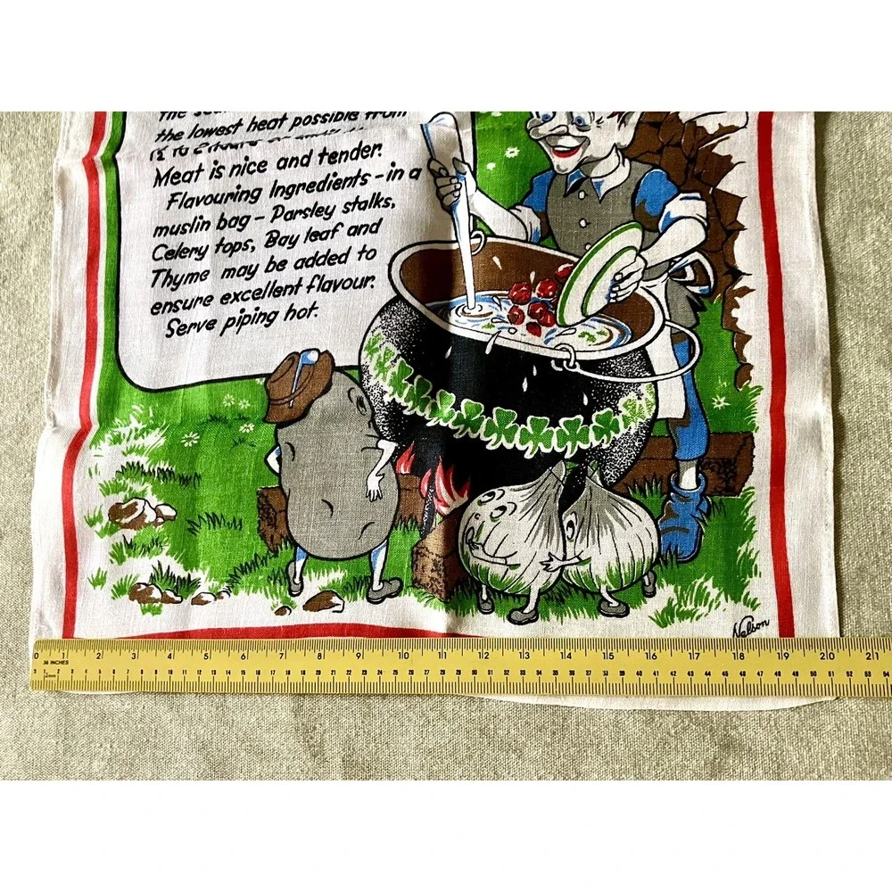 Nelson Pure Linen Tea Towel Irish Stew  Leprechaun Anthropomorphic Potato Onion
